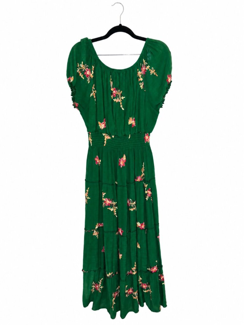 Green Floral Embroidered Boho Peasant Midi Dress Smocked Waist Puff Sleeve Women - Picture 2 of 8